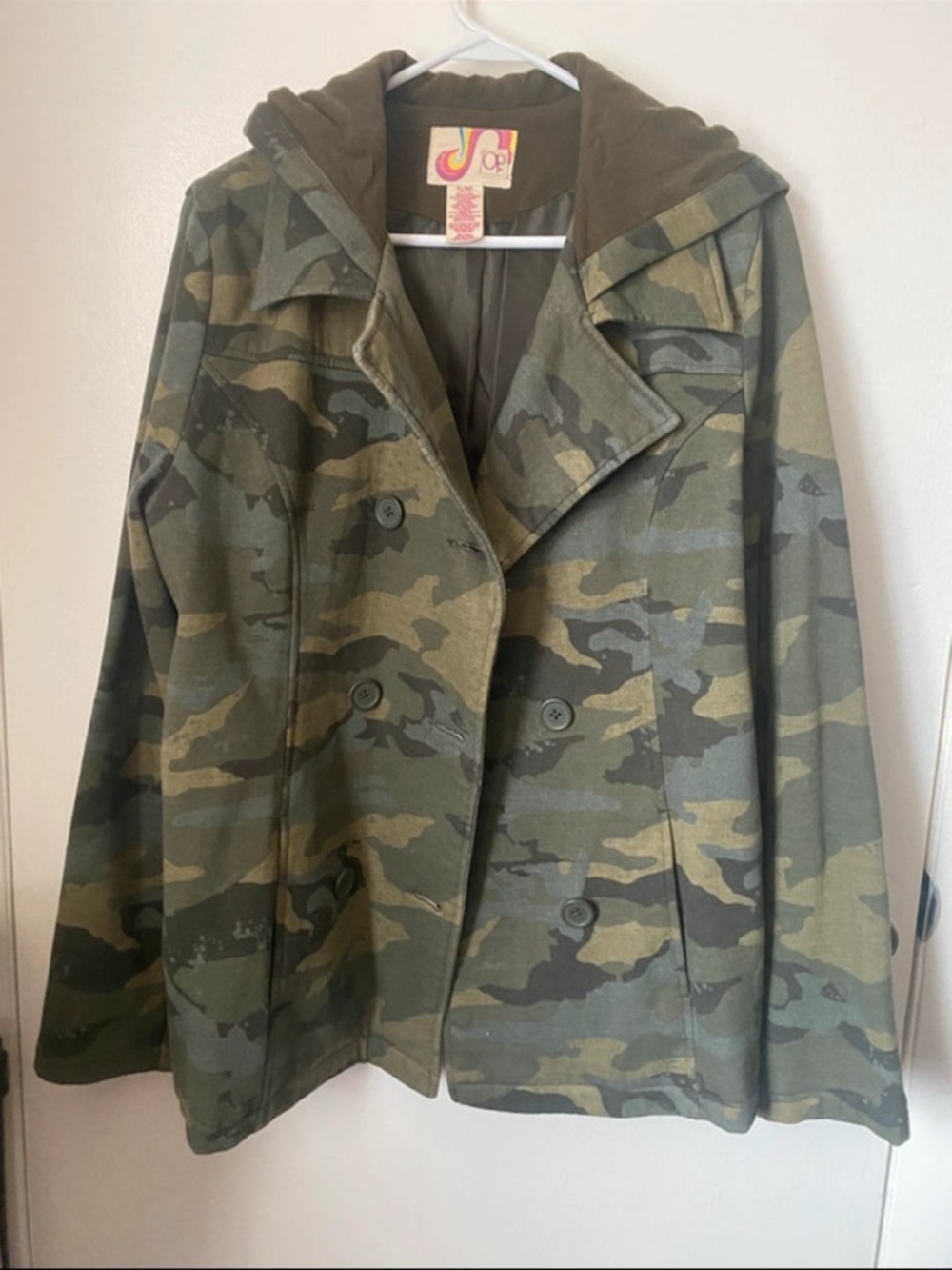 OP Women's Green Camo Double-Breasted Peacoat with Hood